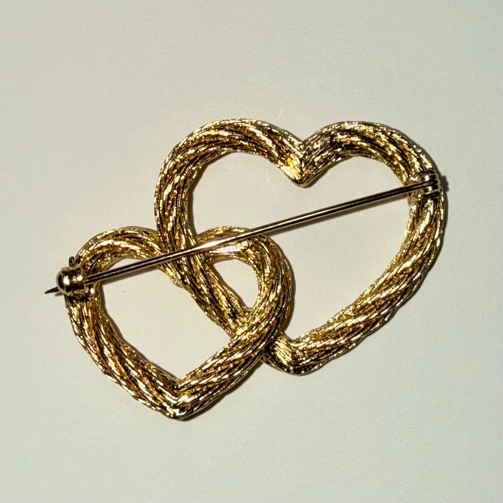 Vintage Christian Dior Double Heart Gold Plated Rope Design Brooch